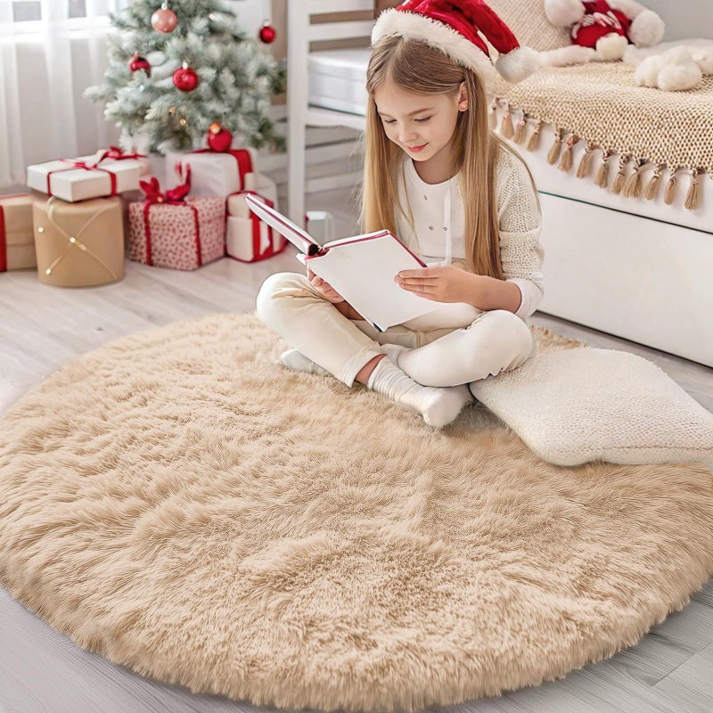 OLANLY Beige Round Rugs for Bedroom - Machine Washable, 4 ft Circle Area Rugs for Living Room, Soft and Fluffy Shaggy Carpet for Teen Girls and Boys, Nursery Rooms, Dorms, Home Decor Aesthetic - Image 1