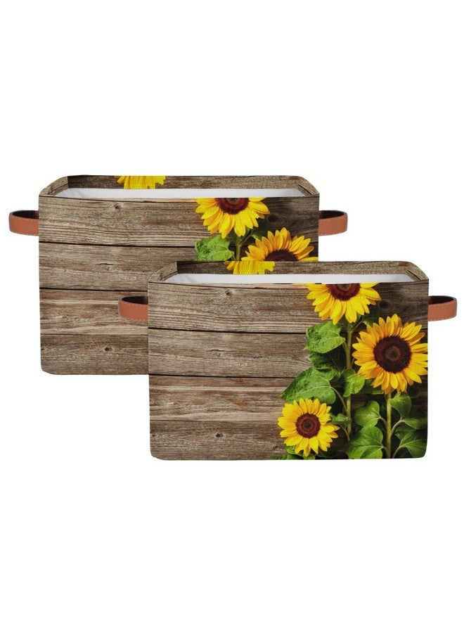 Toprint Vintage Sunflower Wooden Storage Basket Bin Large Fabric Toys Storage Cube Box with Handles Collapsible Closet Shelf Cloth Organizer Basket Set of 2 for Shelves Nursery Bedroom Bathroom - Image 1