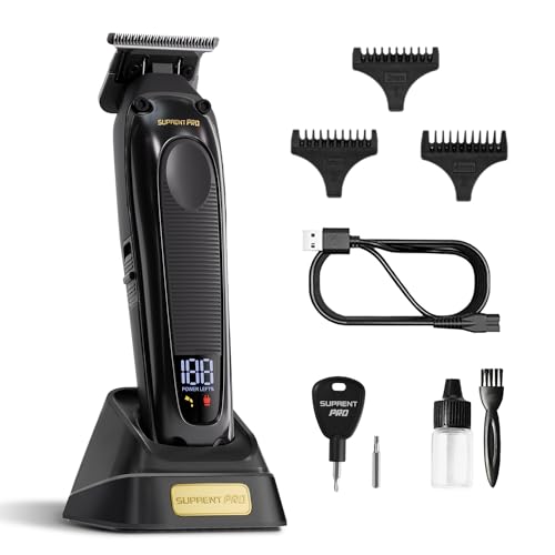 SUPRENT PRO Professional Hair Trimmer  High Torque Brushless Motor  Detachable Blade  Cordless Beard Trimmer for Barbers with Charging Base  Premium Finishing T Blade Trimmer Black