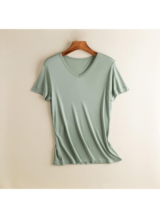 VUELO Mulberry Silk Short-sleeved Solid Color Shirt V-neck Simple Bottoming Shirt Thin Loose Plus Size Silk T-shirt Women's
