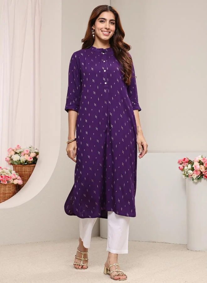 Libas Purple Geometric Rayon Straight-Fit Kurta