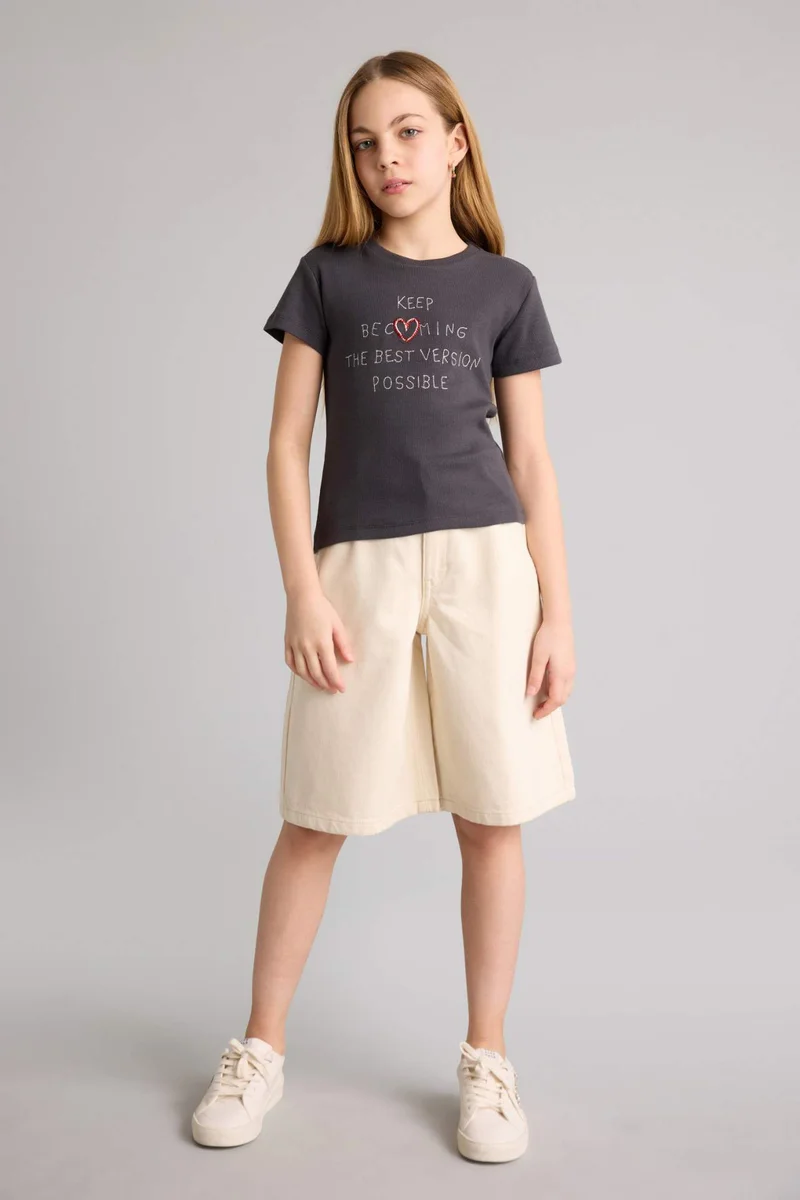 DeFacto Girl Printed Ribbed Knit T-Shirt