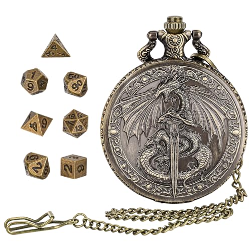 FLUEFOWL DragonSword DD Dice Set with Pocket Watch Case 7PCS Metal Dice Set for DND Mini Dice with Gifts Case Role Playing Board Games Accessories Gifts Gold - Image 1