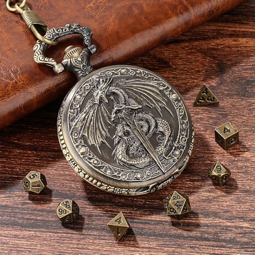 FLUEFOWL DragonSword DD Dice Set with Pocket Watch Case 7PCS Metal Dice Set for DND Mini Dice with Gifts Case Role Playing Board Games Accessories Gifts Gold - Image 5