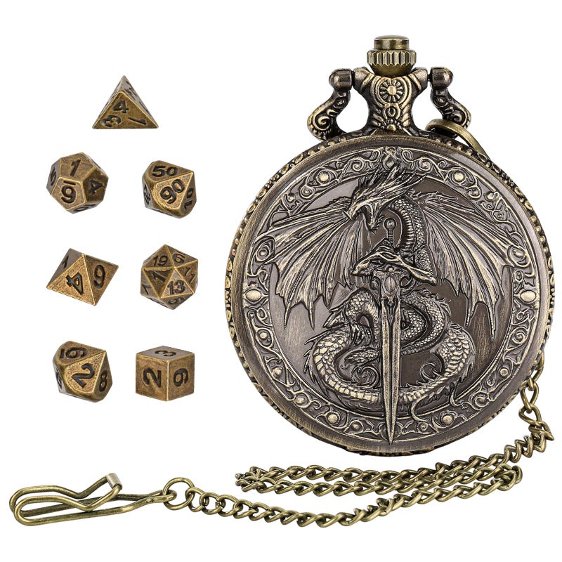 FLUEFOWL DragonSword DD Dice Set with Pocket Watch Case 7PCS Metal Dice Set for DND Mini Dice with Gifts Case Role Playing Board Games Accessories Gifts Gold - Image 3