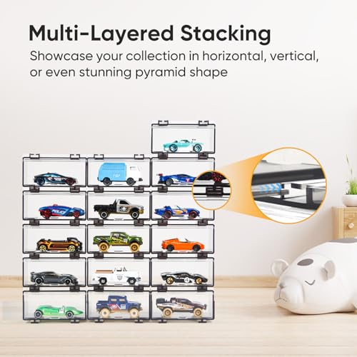 Saichotoy Display Case Compatible with Hot Wheels - Stackable Toy Car Storage Box, Transparent Organizer for Matchbox 1/64 Scale Diecast Cars (16 Packs, Dark Tint Case Only) - Image 3