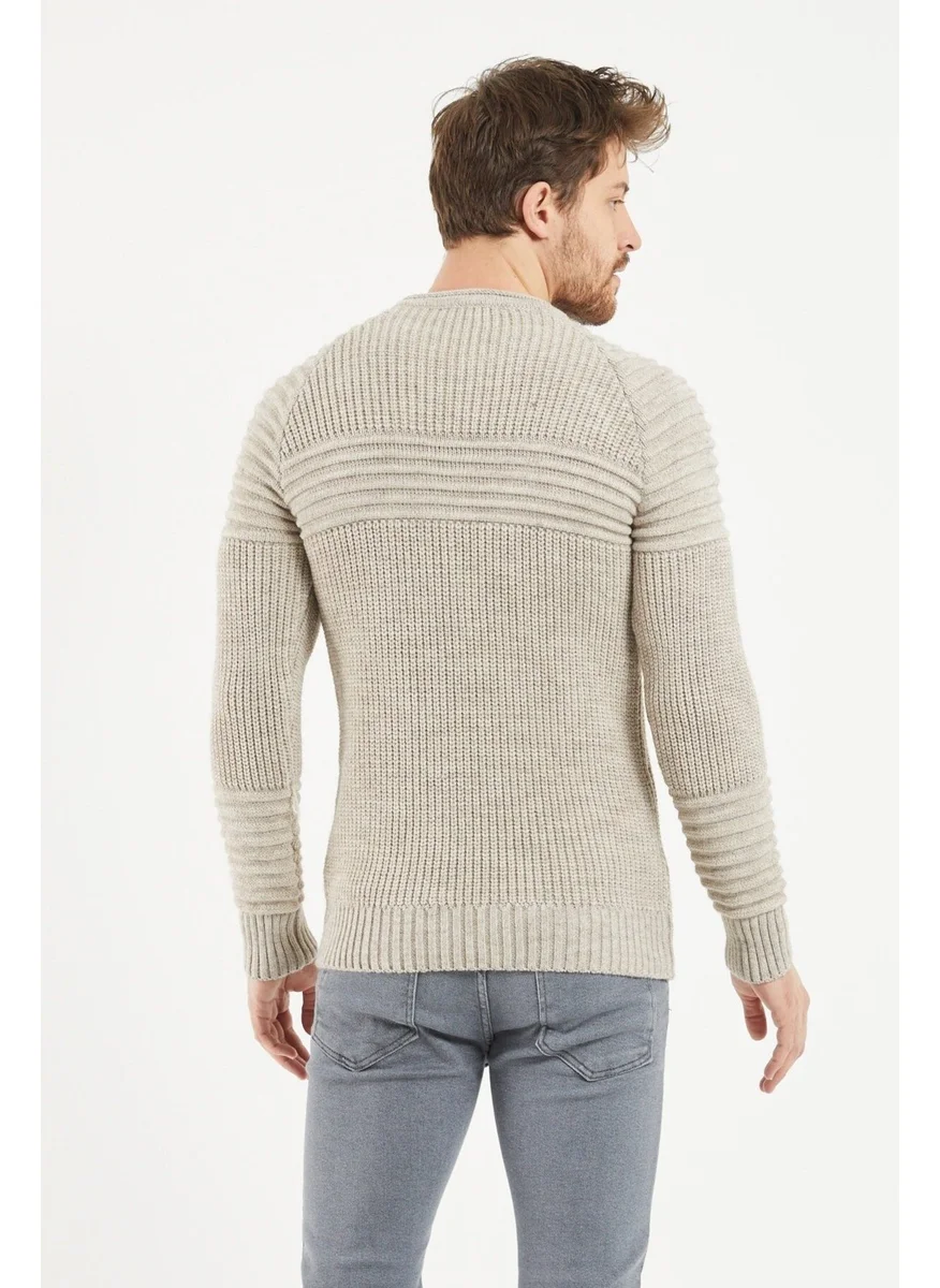 Cool Tarz Cool Style Men's Beige Ribbed Crew Neck Knitwear Sweater