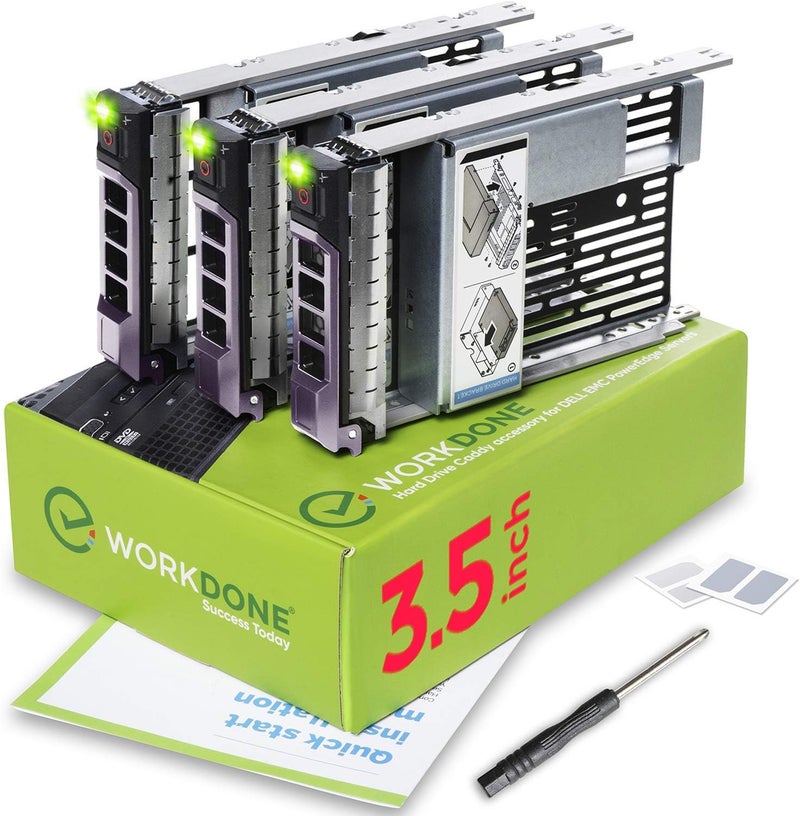 WORKDONE 3-Pack - 3.5 inch Hard Drive Caddy with 2.5 inch HDD Adapter - Compatible for Dell PowerEdge Selected 13th-11th Gen. Servers - Setup Manual - Sled Front Sticker Labels - Screwdriver - Image 1