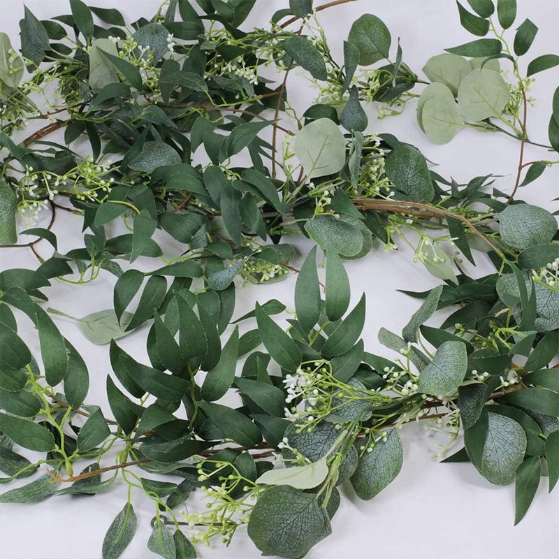 Supla 2 Pcs Artificial Greenery Garland Eucalyptus Garland Table Runner Faux Face Silver Dollar Eucalyptus Leaves Vine Willow Leaves Garland Holiday Greens for Wedding Jungle Party Wall Backdrop Decor - Image 3