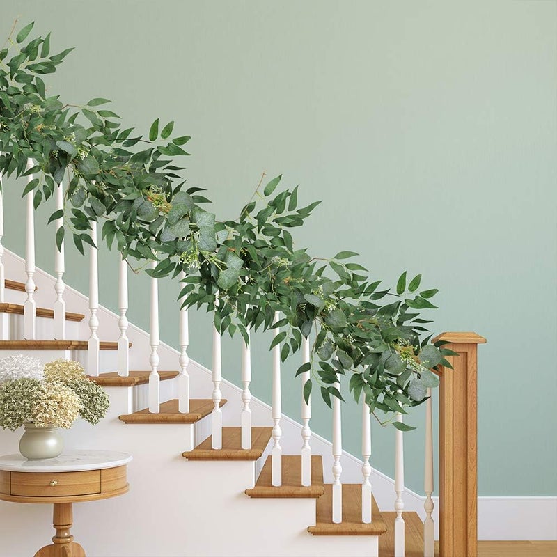 Supla 2 Pcs Artificial Greenery Garland Eucalyptus Garland Table Runner Faux Face Silver Dollar Eucalyptus Leaves Vine Willow Leaves Garland Holiday Greens for Wedding Jungle Party Wall Backdrop Decor - Image 5