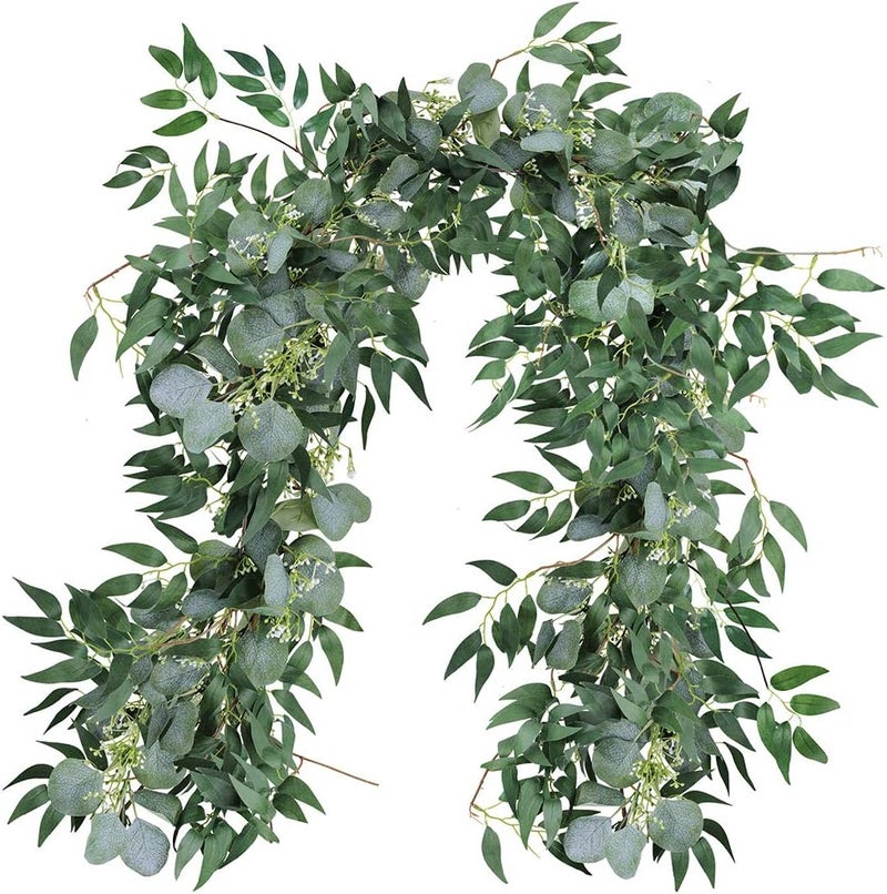 Supla 2 Pcs Artificial Greenery Garland Eucalyptus Garland Table Runner Faux Face Silver Dollar Eucalyptus Leaves Vine Willow Leaves Garland Holiday Greens for Wedding Jungle Party Wall Backdrop Decor - Image 1