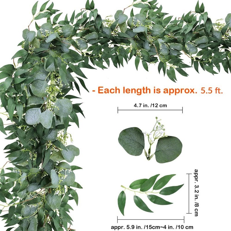 Supla 2 Pcs Artificial Greenery Garland Eucalyptus Garland Table Runner Faux Face Silver Dollar Eucalyptus Leaves Vine Willow Leaves Garland Holiday Greens for Wedding Jungle Party Wall Backdrop Decor - Image 2
