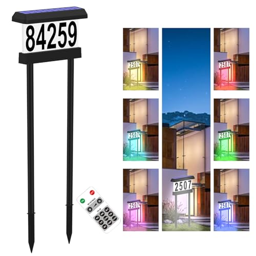 IVWVI Double Side Solar Address Numbers, Lighted House Numbers for Outside, Waterproof RGBW Color Changing Remote Control, Led Illuminated Solar Address Sign with Stakes for Garden Street Home Yard - Image 1