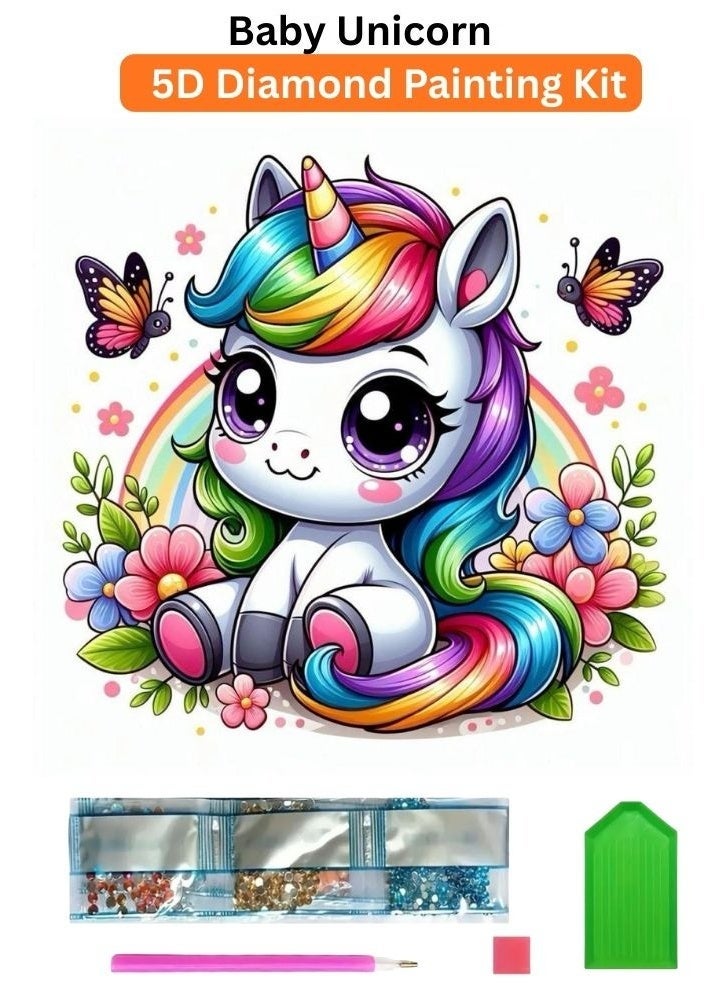 Diamond Painting Kit 5D Diamond Art Set for Kids & Adults DIY Wall Decor Craft,  Baby Unicorn Design, Acrylic Diamonds, Adhesive Canvas with Wooden Frame, Relaxing Hobby Art Kit, 20x20 cm - Image 1