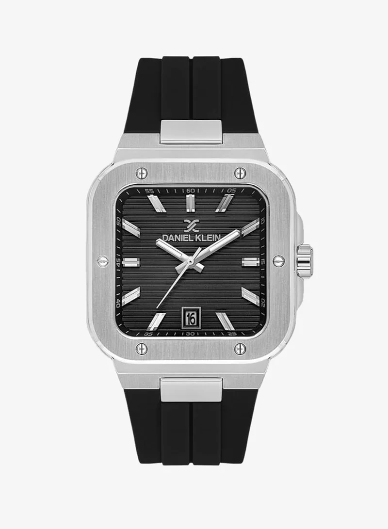 DANIEL KLEIN Men's Silicone Band Silver Brass Case Analog Black Square Emboss Dial Japanese Quartz Premium 50 Meters Water Resistant