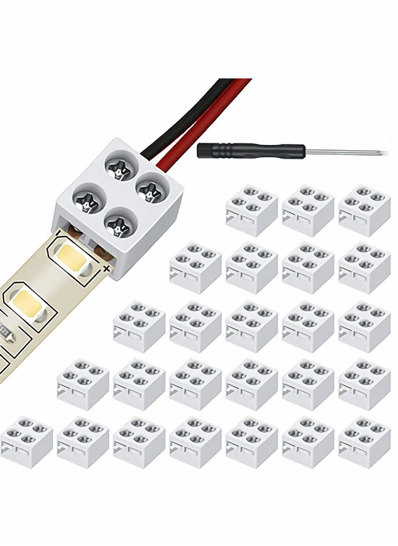 KASTWAVE - Solderless LED Tape Light Connector 2 Pin Terminal Block Connector Screw Down LED Strip Connector 8mm Tape to Wire for 5V 12V 24V Single Color LED Strip Lights, White, Screwdriver Included - Image 1