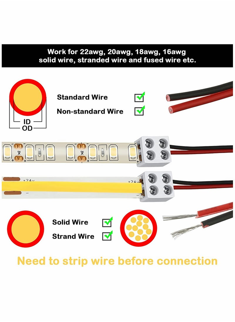 KASTWAVE - Solderless LED Tape Light Connector 2 Pin Terminal Block Connector Screw Down LED Strip Connector 8mm Tape to Wire for 5V 12V 24V Single Color LED Strip Lights, White, Screwdriver Included - Image 1