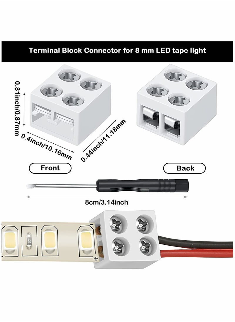 KASTWAVE - Solderless LED Tape Light Connector 2 Pin Terminal Block Connector Screw Down LED Strip Connector 8mm Tape to Wire for 5V 12V 24V Single Color LED Strip Lights, White, Screwdriver Included - Image 1
