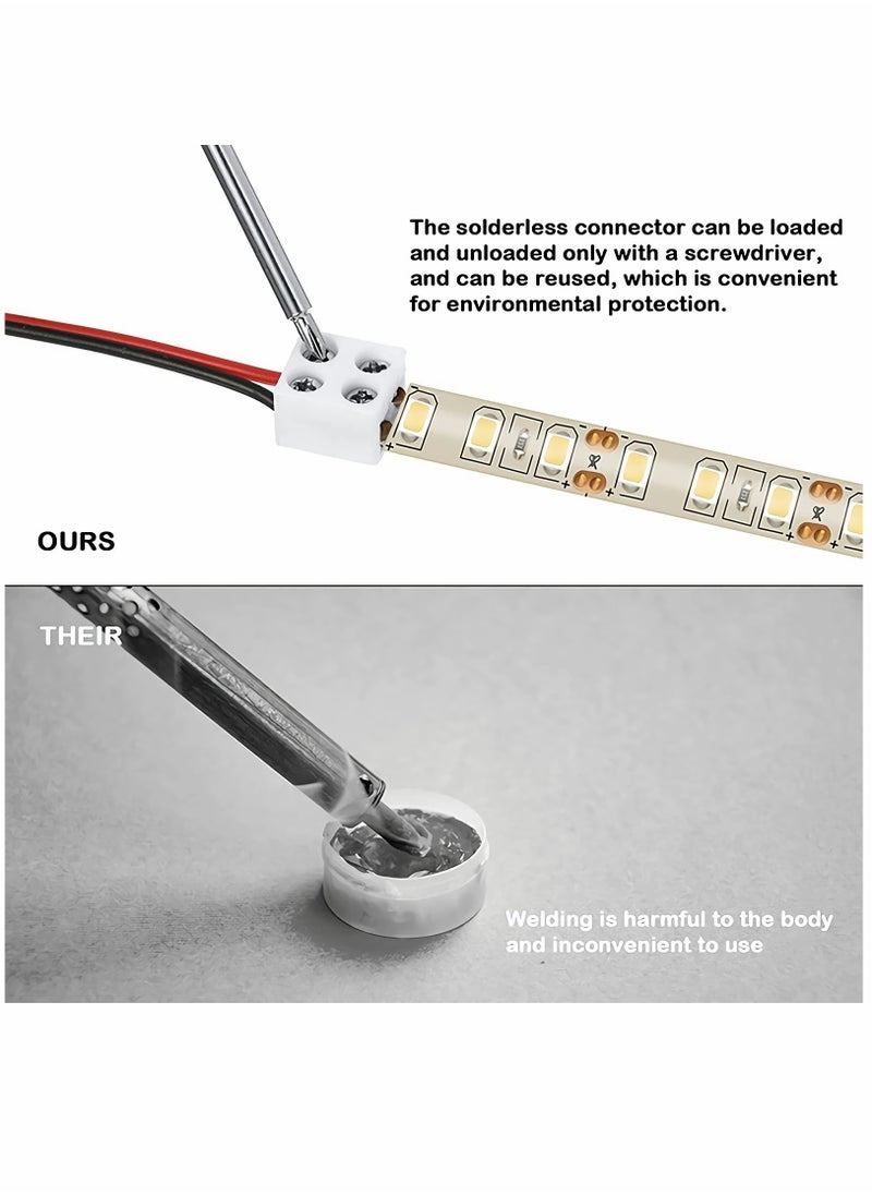 KASTWAVE - Solderless LED Tape Light Connector 2 Pin Terminal Block Connector Screw Down LED Strip Connector 8mm Tape to Wire for 5V 12V 24V Single Color LED Strip Lights, White, Screwdriver Included - Image 1
