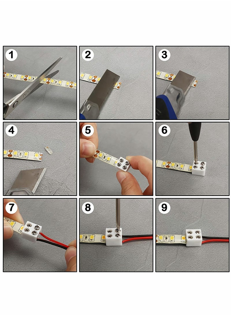 KASTWAVE - Solderless LED Tape Light Connector 2 Pin Terminal Block Connector Screw Down LED Strip Connector 8mm Tape to Wire for 5V 12V 24V Single Color LED Strip Lights, White, Screwdriver Included - Image 1