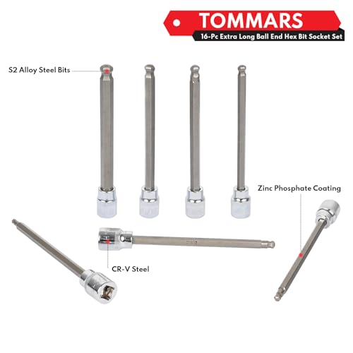 TOMMARS 16-Pc 3/8 Inch Drive Ball End Long Hex Bit Socket Set, Extra Long Allen Socket Set, CR-V and S2 Steel, SAE & Metric 1/8-3/8 in., 3-10 mm. - Image 4