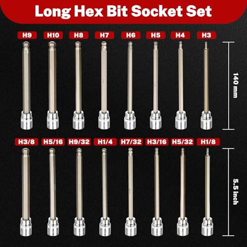 TOMMARS 16-Pc 3/8 Inch Drive Ball End Long Hex Bit Socket Set, Extra Long Allen Socket Set, CR-V and S2 Steel, SAE & Metric 1/8-3/8 in., 3-10 mm. - Image 2