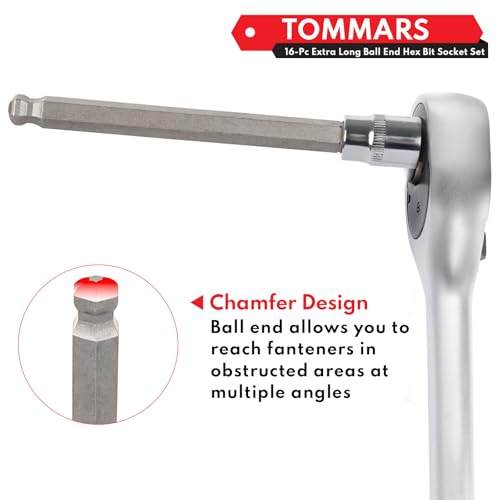 TOMMARS 16-Pc 3/8 Inch Drive Ball End Long Hex Bit Socket Set, Extra Long Allen Socket Set, CR-V and S2 Steel, SAE & Metric 1/8-3/8 in., 3-10 mm. - Image 5