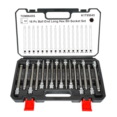 TOMMARS 16-Pc 3/8 Inch Drive Ball End Long Hex Bit Socket Set, Extra Long Allen Socket Set, CR-V and S2 Steel, SAE & Metric 1/8-3/8 in., 3-10 mm. - Image 1
