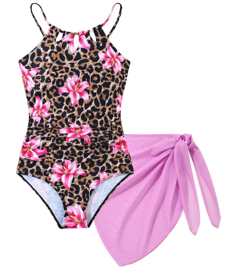 Cuddomper Girls Swimsiut Size 11-12 Leopard Teen One-Piece Bathing Suit with Lily Pink Mesh Cover Ups Cut Out Adjustable Straps Summer Swimwear - Image 5