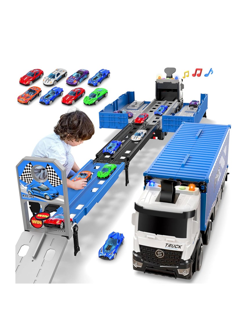 Truck Race Car Track Toy for Kids, Foldable Race Transport Car Carrier Toy for Toddlers Cars Toy Set Container Truck Toy with 1 Truck And 8 Race Cars Vehicles Toy Set for 3+ Kids Boys Girls  - Image 4
