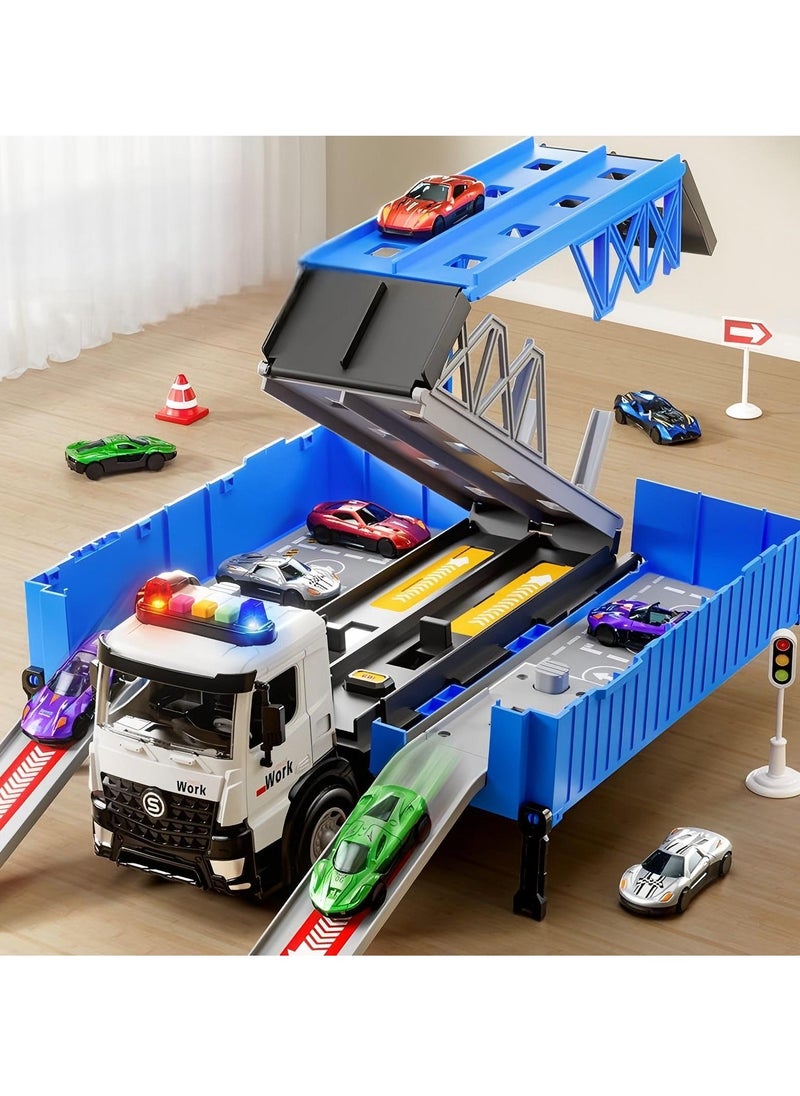 Truck Race Car Track Toy for Kids, Foldable Race Transport Car Carrier Toy for Toddlers Cars Toy Set Container Truck Toy with 1 Truck And 8 Race Cars Vehicles Toy Set for 3+ Kids Boys Girls  - Image 3