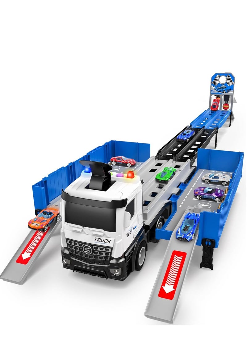 Truck Race Car Track Toy for Kids, Foldable Race Transport Car Carrier Toy for Toddlers Cars Toy Set Container Truck Toy with 1 Truck And 8 Race Cars Vehicles Toy Set for 3+ Kids Boys Girls  - Image 2