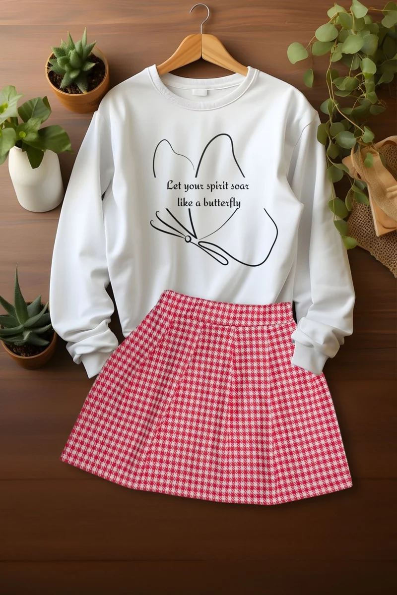 ادا بيبيك تشوكوك Ada Baby Child Style Plaid Skirt Butterfly Patterned Sweat Skirt Top and Bottom Set