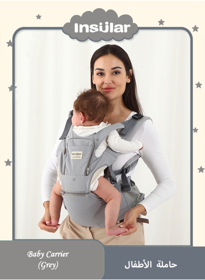 انسولار حاملة أطفال مريحة 3 في 1 معتمدة للسلامة، حاملة أطفال عالية الجودة مع مقعد للورك، تصميم حقيبة الكنغر لحديثي الولادة والأطفال الصغار، داعمة للرأس من الأمام والخلف للوالدين (رمادي) - Image 1