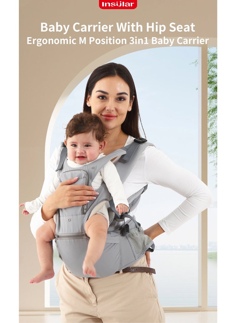 انسولار حاملة أطفال مريحة 3 في 1 معتمدة للسلامة، حاملة أطفال عالية الجودة مع مقعد للورك، تصميم حقيبة الكنغر لحديثي الولادة والأطفال الصغار، داعمة للرأس من الأمام والخلف للوالدين (رمادي) - Image 3