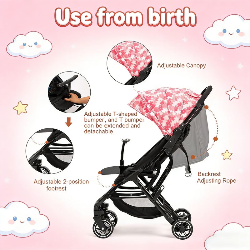 COOL KIDS Portable Stroller with Automatic Fold,Lightweight Umbrella Stroller with Pop Out Sun Canopy,Compact for Travel(Pink) - Image 4