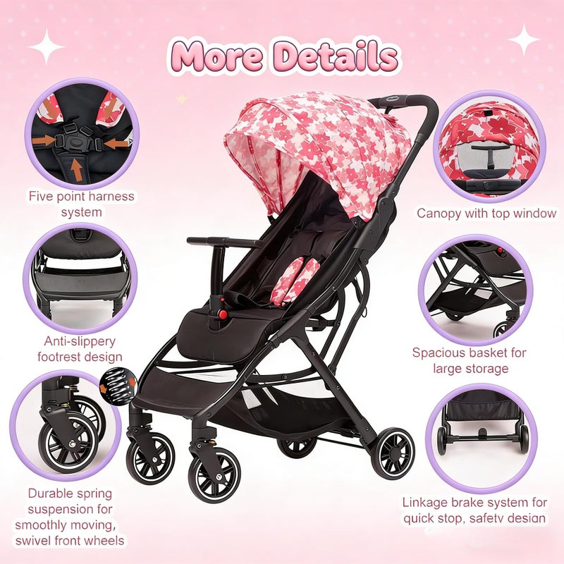 COOL KIDS Portable Stroller with Automatic Fold,Lightweight Umbrella Stroller with Pop Out Sun Canopy,Compact for Travel(Pink) - Image 5