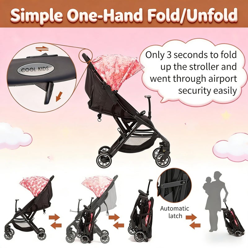 COOL KIDS Portable Stroller with Automatic Fold,Lightweight Umbrella Stroller with Pop Out Sun Canopy,Compact for Travel(Pink) - Image 3