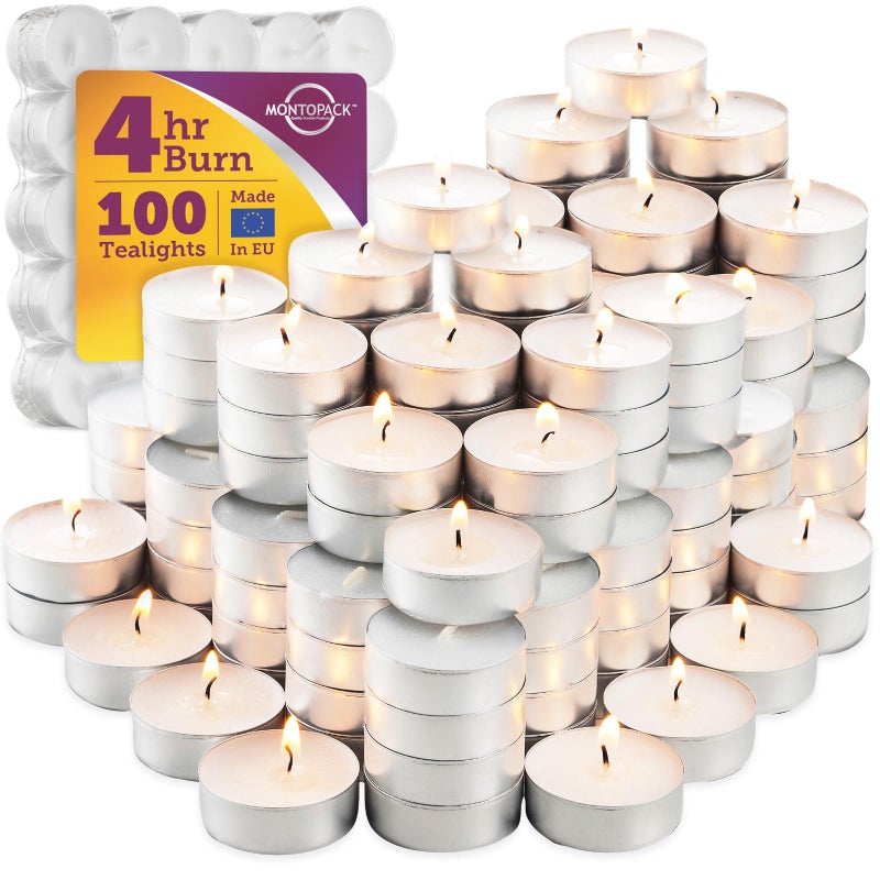 MontoPack Unscented Tea Light Candles 100 Pack 4 hours White Smokeless Dripless Small Votive Paraffin Tealights LongLasting for Home Shabbat Weddings Events Emergencies Mini Candles Bulk