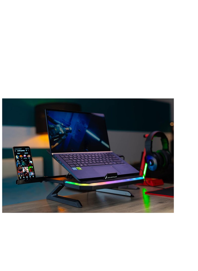 SureFire - Surefire Portus X1 Gaming Laptop Stand, Notebook Stand Height Adjustable with RGB Lighting, Holder for 10, 17.3 Inch Laptops, Tablet Riser with Ventilation for Desk - Image 1