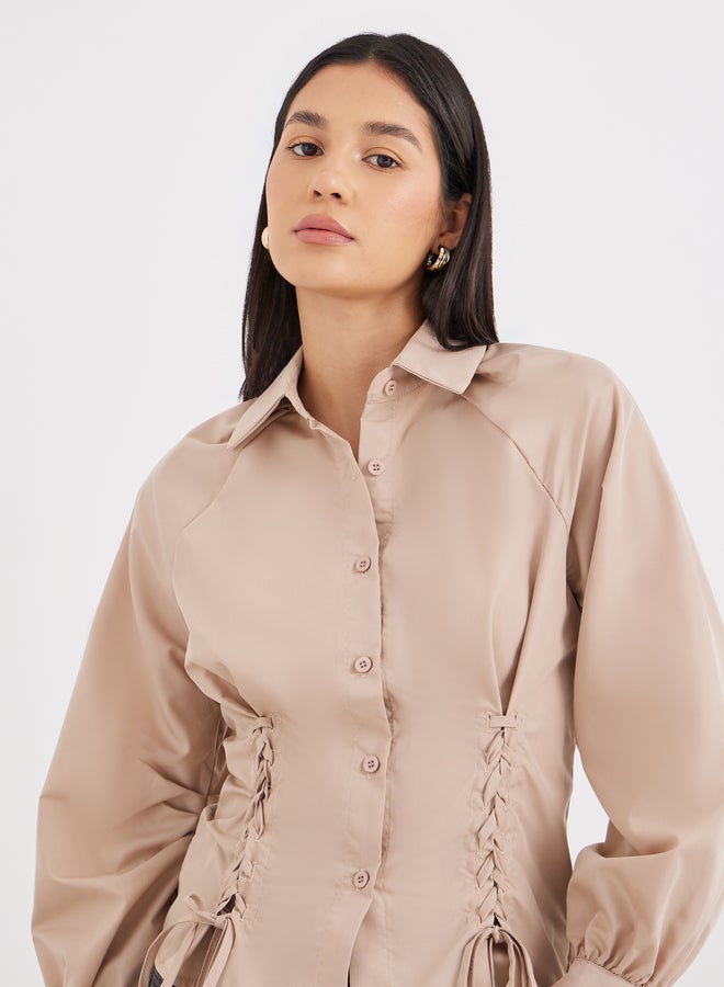 Styli Lace Up Detail Raglan Sleeve Buttoned Shirt - Image 3