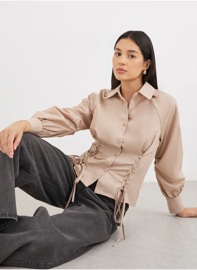 Styli Styli Lace Up Detail Raglan Sleeve Buttoned Shirt