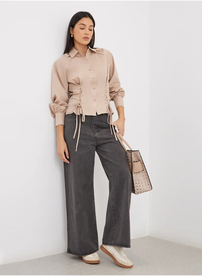 Styli Styli Lace Up Detail Raglan Sleeve Buttoned Shirt