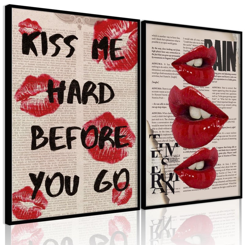 QGNBGBJ 2Pcs Fashion Canvas Wall Art Trendy Preppy Wall Decor Funky Red Lips Posters Retro Newspaper Picture Prints College Girls Aesthetic Room Decor Y2K Girly Dorm Bedroom Decor Unframed(12x16in) - Image 1
