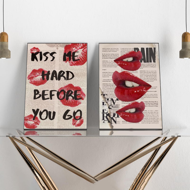 QGNBGBJ 2Pcs Fashion Canvas Wall Art Trendy Preppy Wall Decor Funky Red Lips Posters Retro Newspaper Picture Prints College Girls Aesthetic Room Decor Y2K Girly Dorm Bedroom Decor Unframed(12x16in) - Image 2
