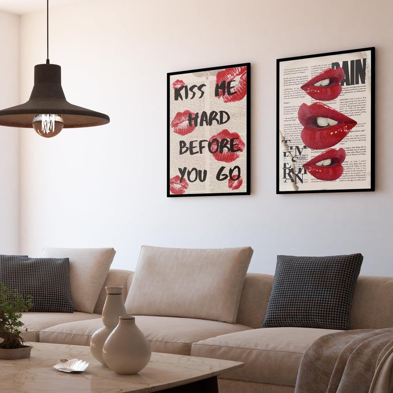 QGNBGBJ 2Pcs Fashion Canvas Wall Art Trendy Preppy Wall Decor Funky Red Lips Posters Retro Newspaper Picture Prints College Girls Aesthetic Room Decor Y2K Girly Dorm Bedroom Decor Unframed(12x16in) - Image 5
