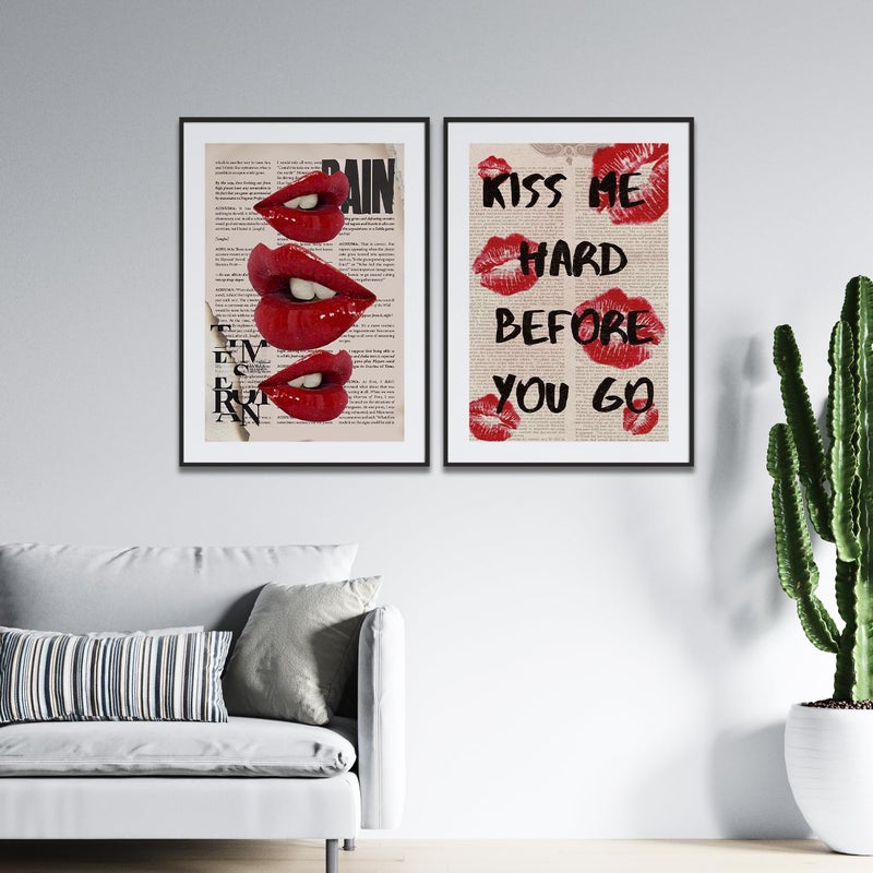 QGNBGBJ 2Pcs Fashion Canvas Wall Art Trendy Preppy Wall Decor Funky Red Lips Posters Retro Newspaper Picture Prints College Girls Aesthetic Room Decor Y2K Girly Dorm Bedroom Decor Unframed(12x16in) - Image 4