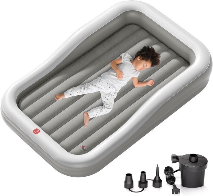INFLATABLE TODDLER TRAVEL BED WITH 3SIDED SAFETY BUMPERS EXTRA LARGE KIDS AIR MATTRESS INCLUDES FAST ELECTRIC PUMP DETACHABLE MATTRESS PORTABLE FOR CAMPING TRAVEL HOME USE GREY