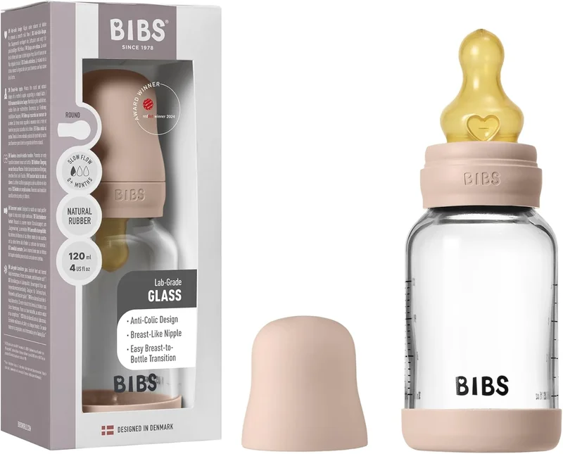 BIBS BIBS Glass Baby Bottle with Natural Rubber Nipple - 120ml
