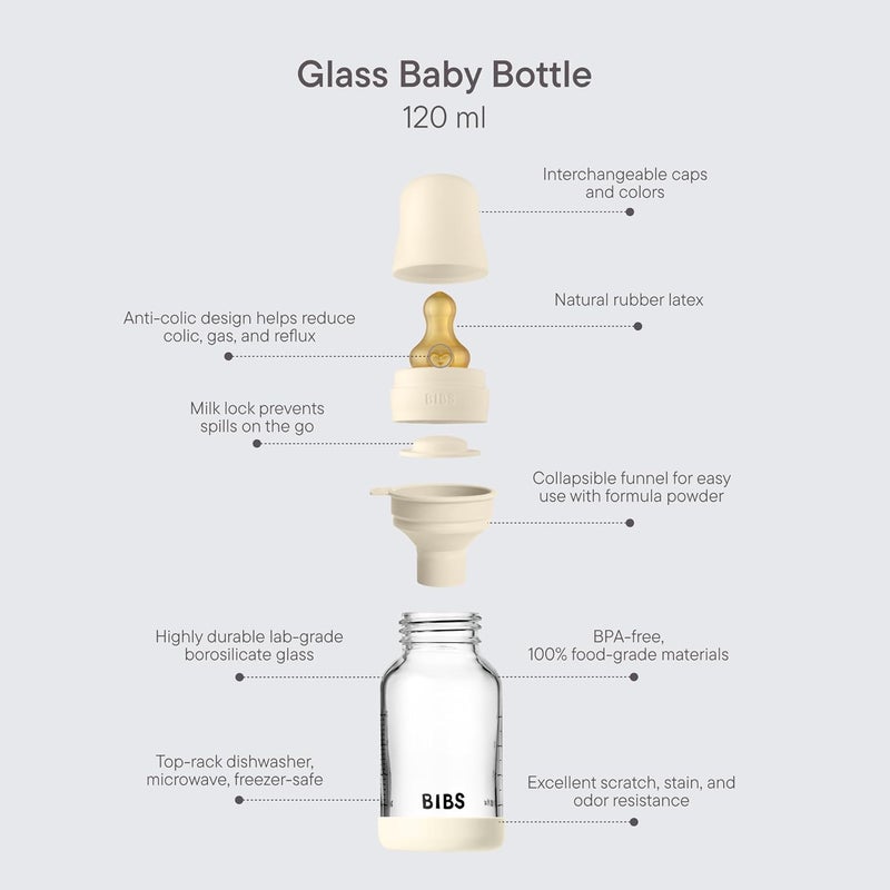 BIBS Glass Baby Bottle with Natural Rubber Nipple - 120ml - Image 3